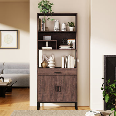 Tall Walnut Finish Open Bookshelf with LED Lights and Storage Drawer for Living Room and Office