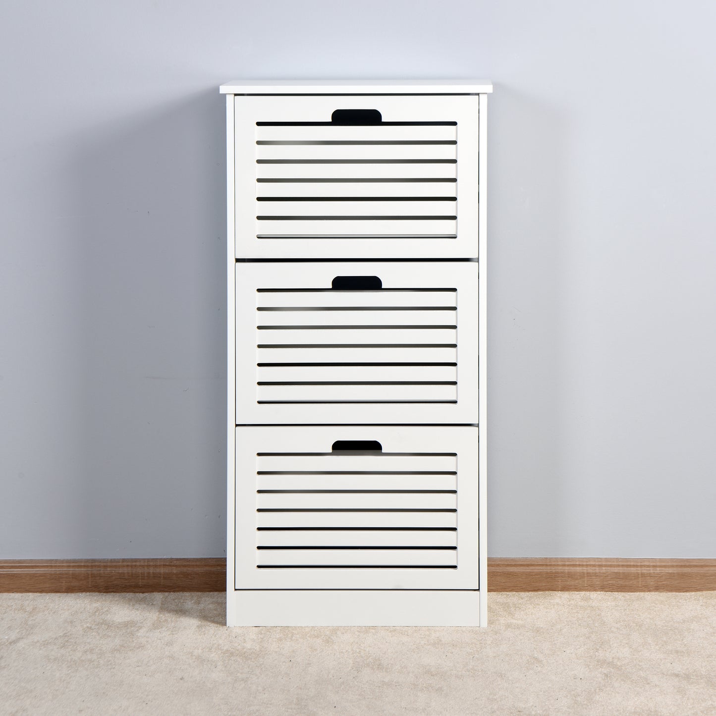 White Wooden Shoe Cabinet for Entryway with 3 Flip Doors Space Saving Storage 20.94x9.45x43.11 Inch