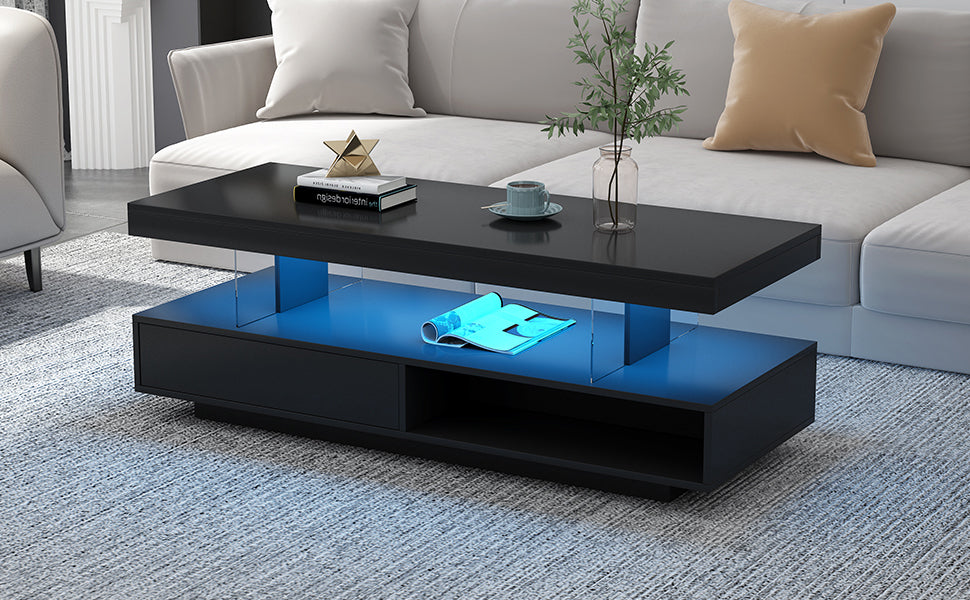 Modern LED Coffee Table with Storage and Display Shelves, Black Center Table with 2 Drawers for Living Room