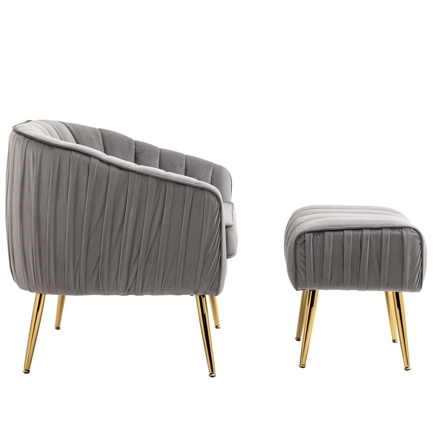 Modern Velvet Accent Chair and Ottoman Set Tufted Barrel Design for Living Room Bedroom Grey with Golden Finish