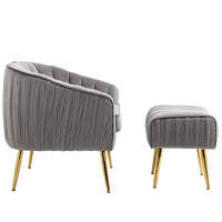 Modern Velvet Accent Chair and Ottoman Set Tufted Barrel Design for Living Room Bedroom Grey with Golden Finish