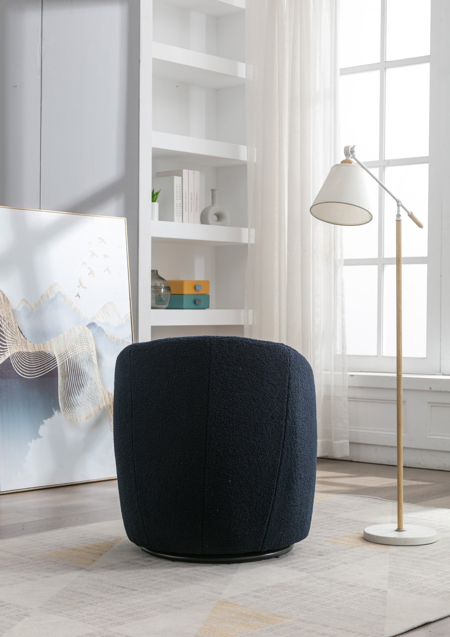 Teddy Fabric Swivel Accent Armchair Barrel Chair Dark Blue with Black Powder Coating Metal Ring