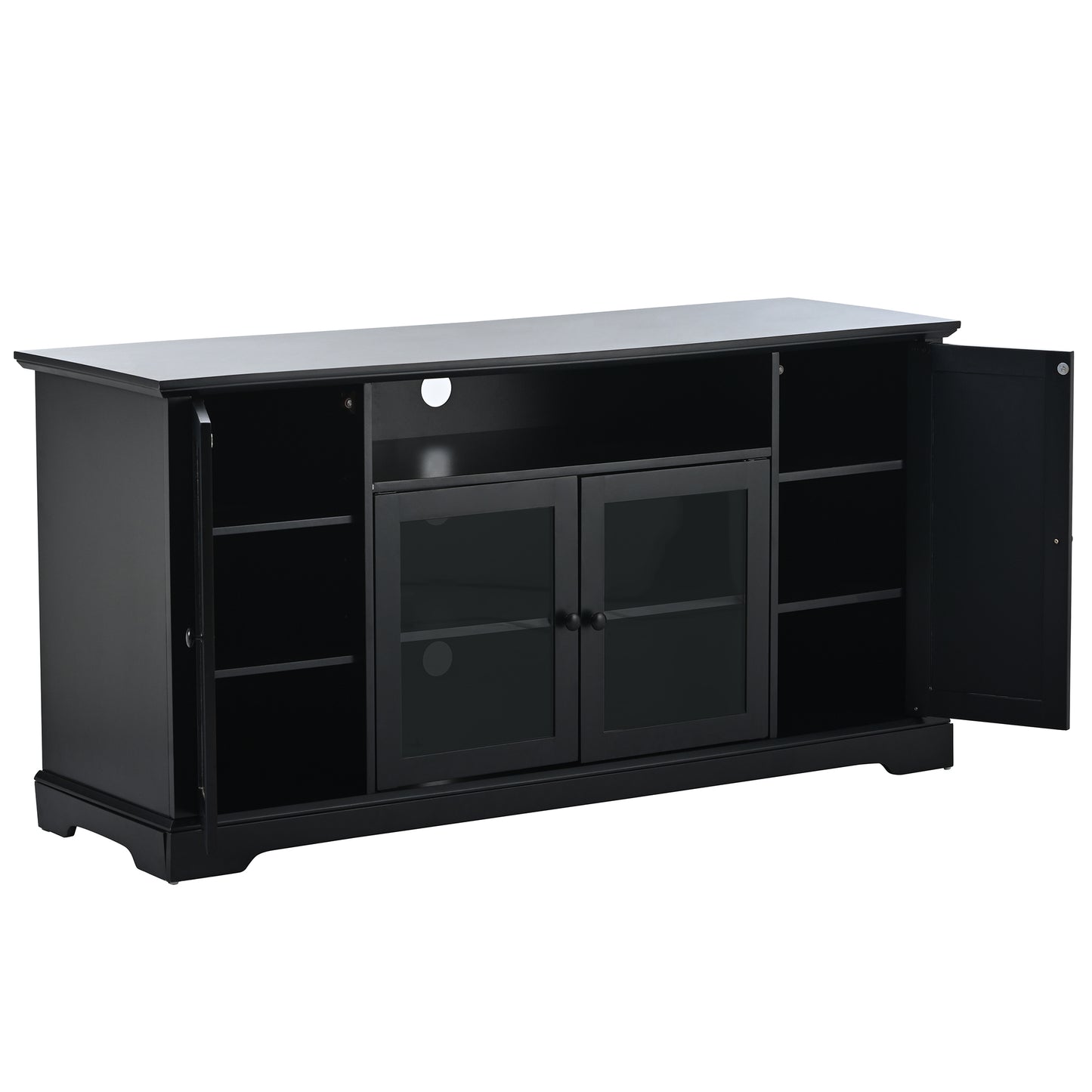 TV Stand for 65 Inch TV with Adjustable Panels and 2 Tempered Glass Doors Open Style Cabinet Sideboard for Living Room Black