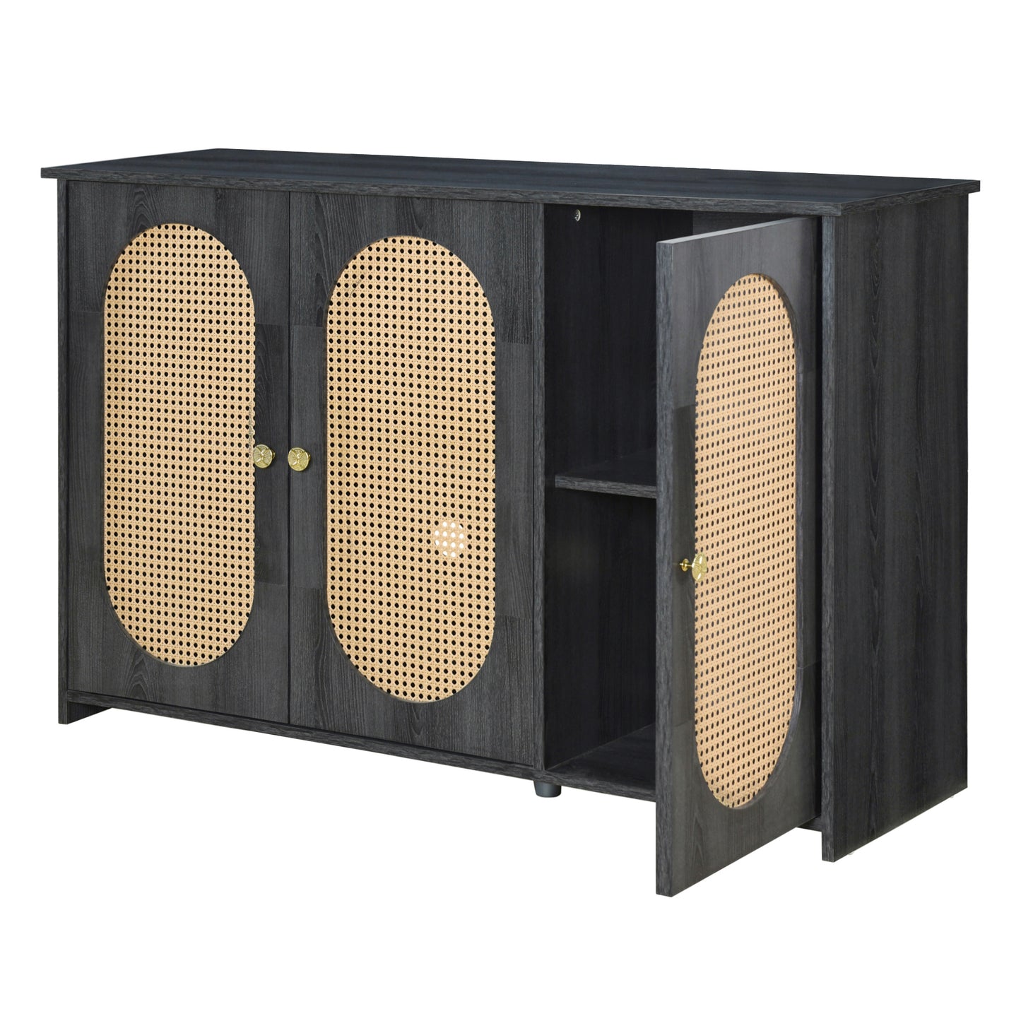 Retro 3-Door Accent Cabinet with Rattan Doors and Metal Handles for Living Room and Hallway Antique Black
