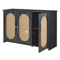 Retro 3-Door Accent Cabinet with Rattan Doors and Metal Handles for Living Room and Hallway Antique Black