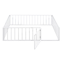 Full Size Metal Floor Bed Frame with Fence and Door, White
