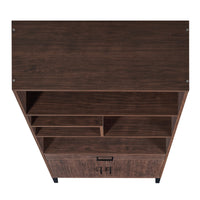 Tall Walnut Finish Open Bookshelf with LED Lights and Storage Drawer for Living Room and Office