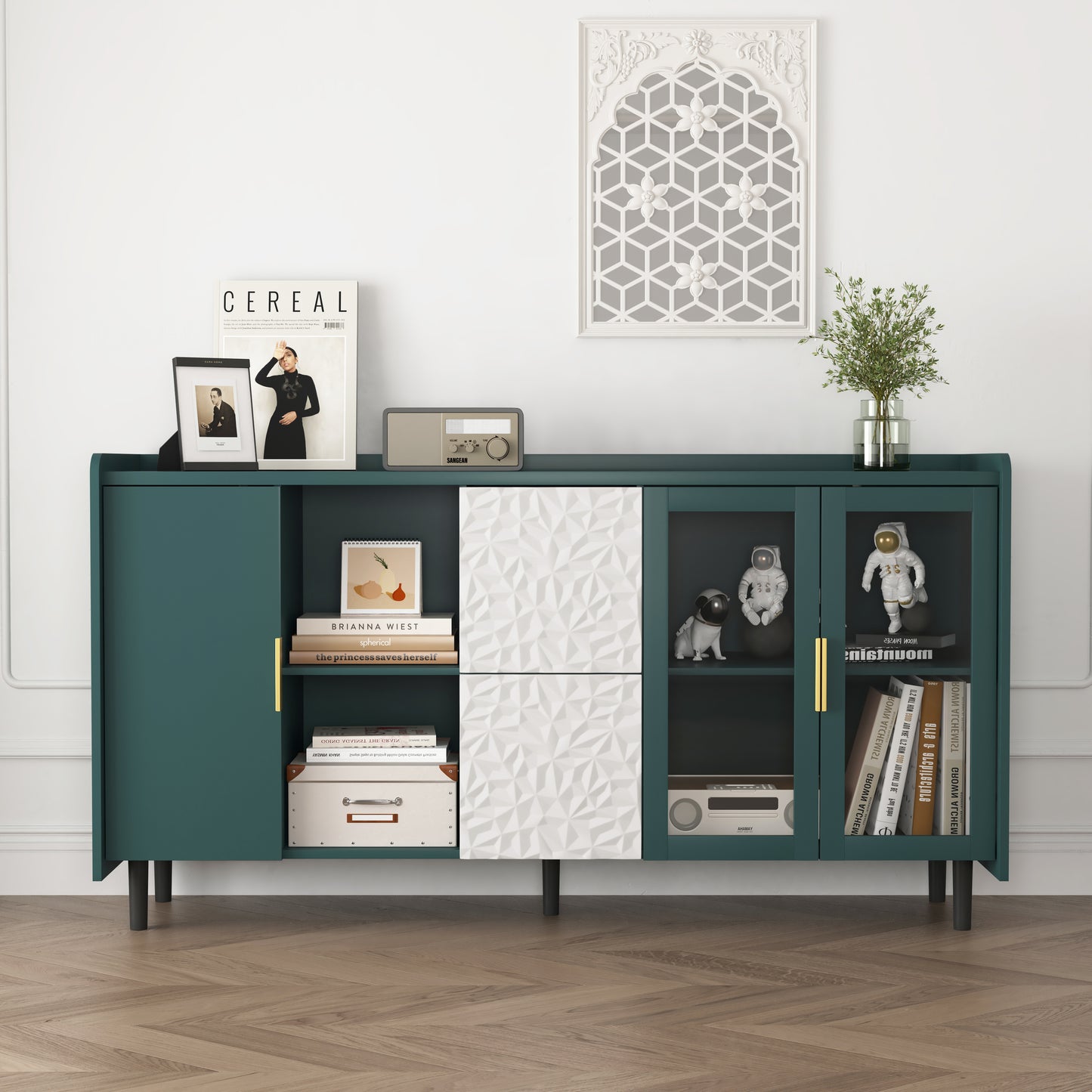 Modern 55 Coffee Bar Storage Cabinet with 2 Drawers and Glass Doors for Kitchen and Living Room Green