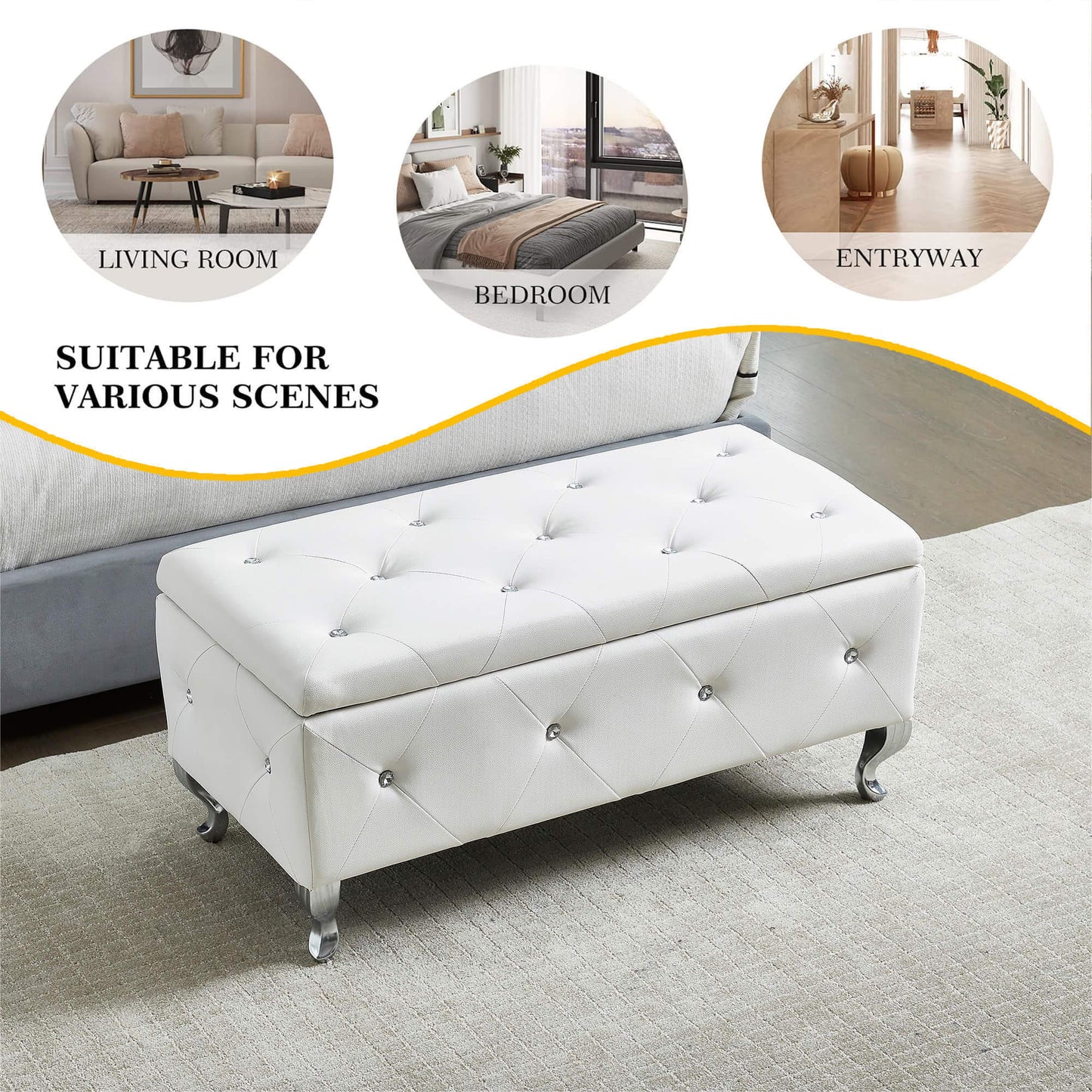 Upholstered Storage Ottoman Bench Faux Leather Rectangular Footrest with Crystal Buttons for Bedroom Living Room Entryway White