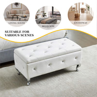 Upholstered Storage Ottoman Bench Faux Leather Rectangular Footrest with Crystal Buttons for Bedroom Living Room Entryway White