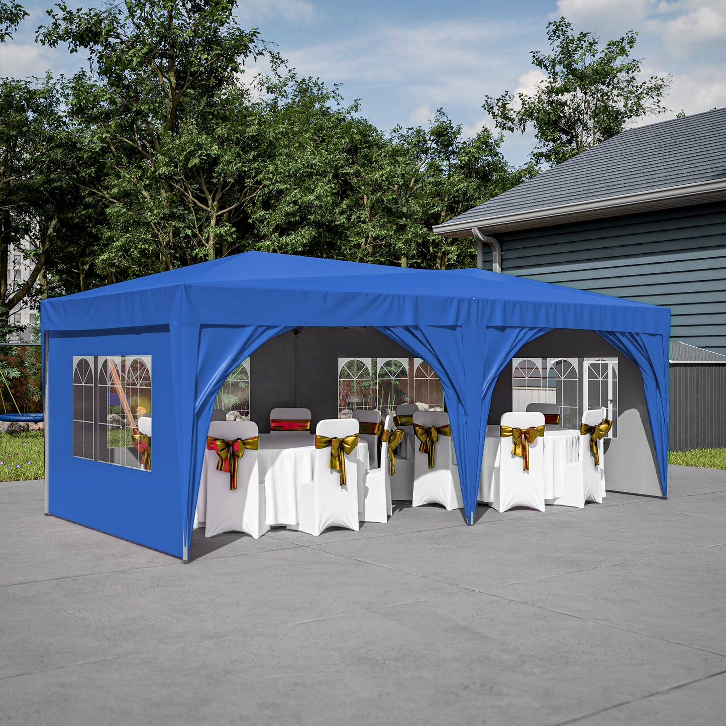 10x20 Blue Pop Up Canopy Tent with 6 Sidewalls Waterproof Commercial Outdoor Shelter Adjustable Height Carry Bag Sand Bags Ropes and Stakes