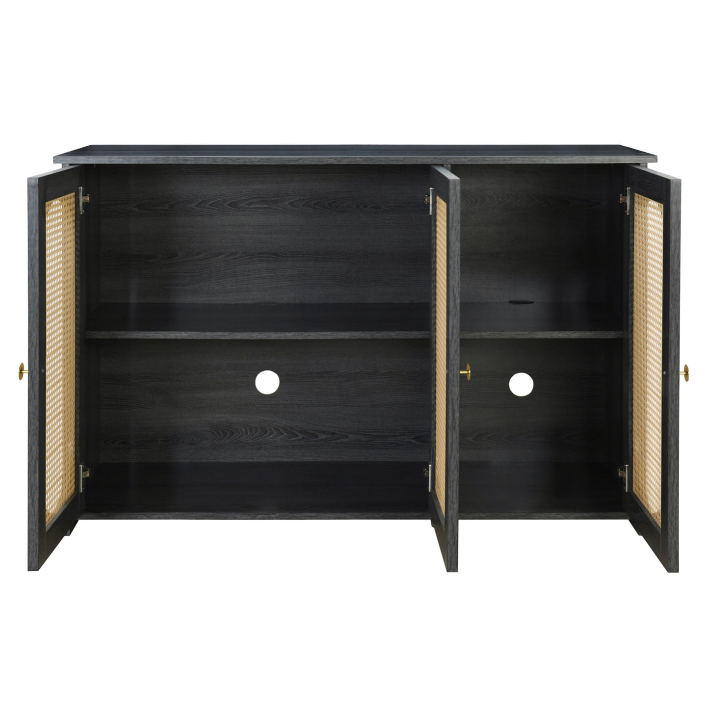Retro 3-Door Accent Cabinet with Rattan Doors and Metal Handles for Living Room and Hallway Antique Black