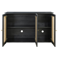 Retro 3-Door Accent Cabinet with Rattan Doors and Metal Handles for Living Room and Hallway Antique Black