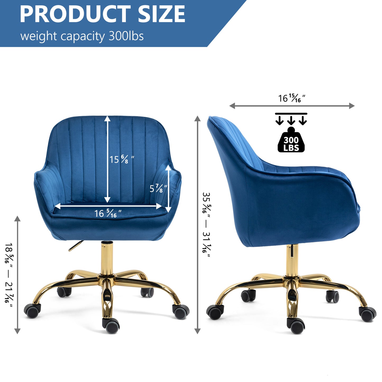 360 degree  Dark Blue Velvet Swivel Chair High Back Adjustable Office Chair Golden Base