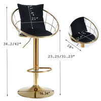 Black Velvet Bar Chair Set of 2 Gold Plated Unique Design 360 Degree Rotation Adjustable Height Ideal for Dining Room and Bar