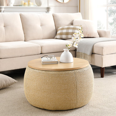 Round Storage Ottoman, 2 in 1 Function, Work as End table and Ottoman, Natural (25.5"x25.5"x14.5")