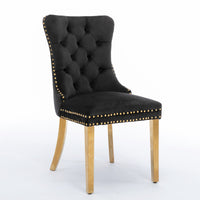 Modern High-end Tufted Solid Wood Velvet Upholstered Dining Chair Set of 2 with Golden Stainless Steel Legs and Nailhead Trim Black and Gold