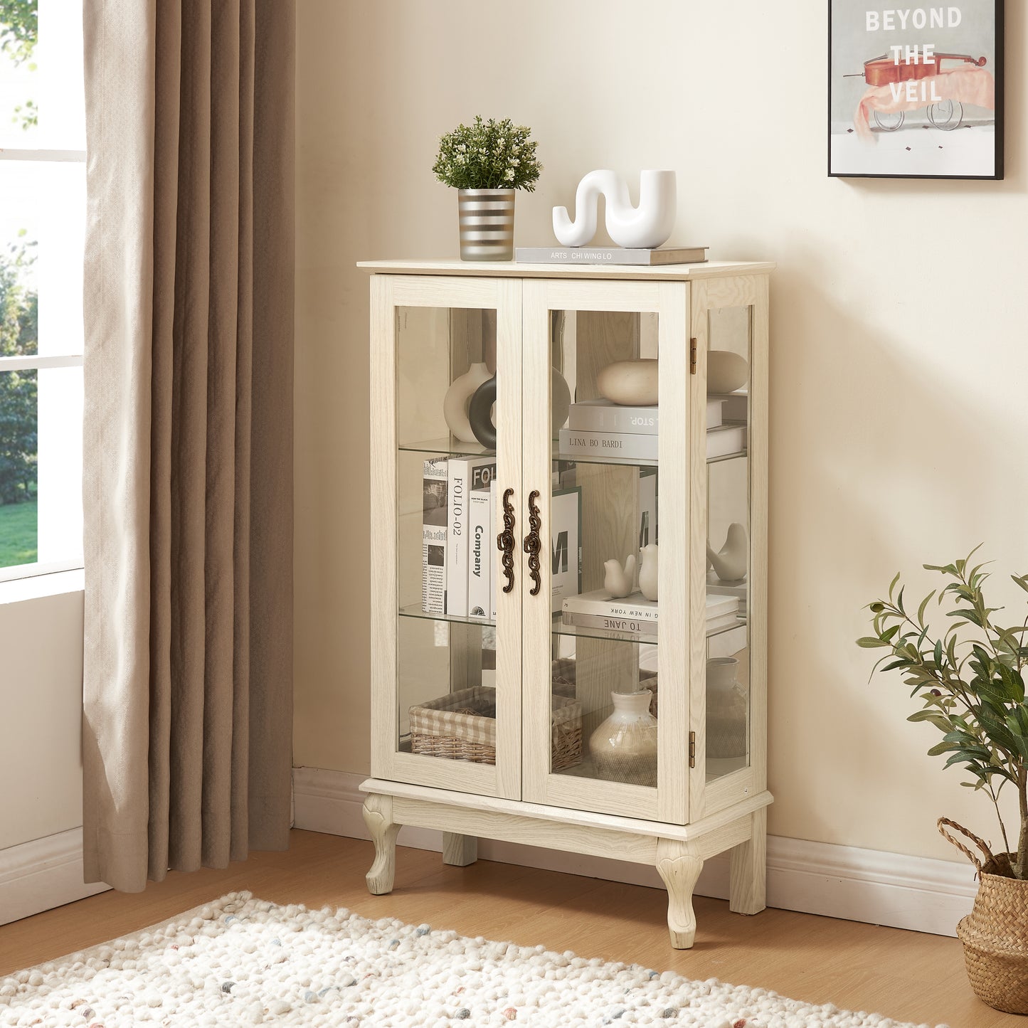 Elegant 2 Door Curio Cabinet with Glass Doors Adjustable Shelves Mirrored Back Lighted Display for Home Office