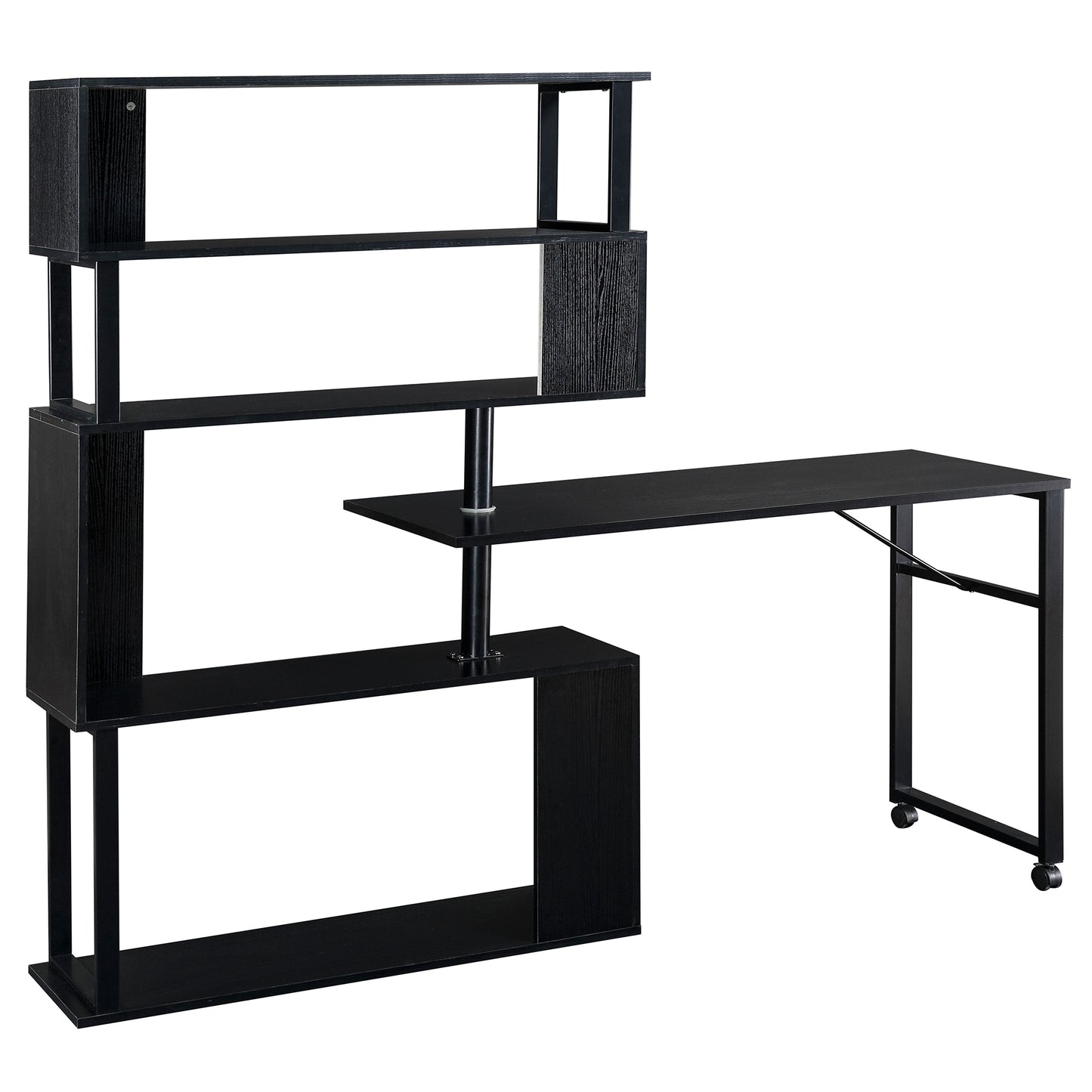 L-Shaped Corner Computer Desk with Rotating Table and 5-Tier Bookshelf, Lockable Casters, Four Installation Methods, Black