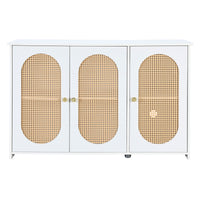 Retro 3-Door Accent Cabinet with Rattan Doors and Metal Handles for Living Room and Hallway Storage White