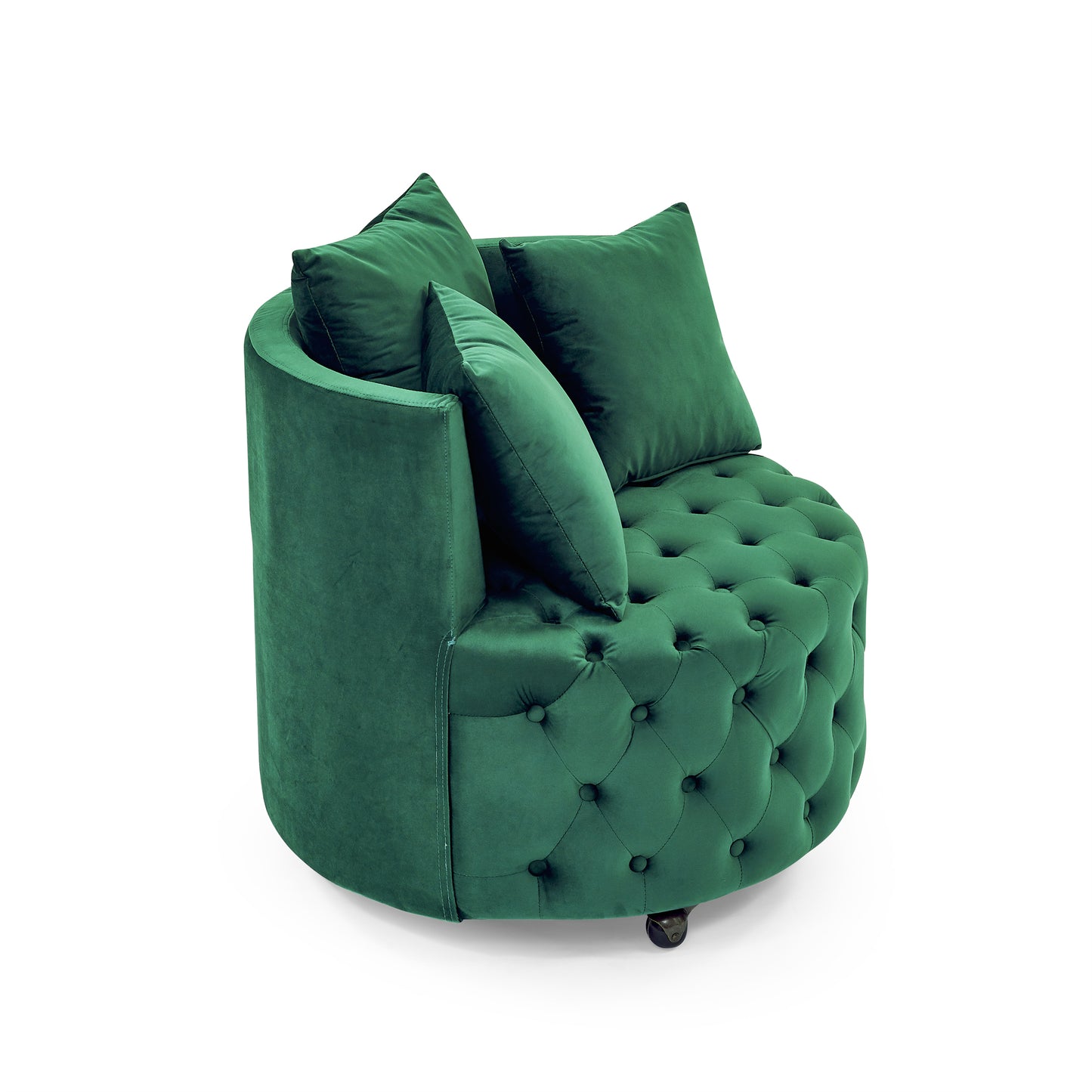 Velvet Upholstered Swivel Chair for Living Room, with Button Tufted Design and Movable Wheels, Including 3 Pillows, Green