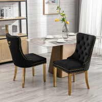 Modern High-end Tufted Solid Wood Velvet Upholstered Dining Chair Set of 2 with Golden Stainless Steel Legs and Nailhead Trim Black and Gold