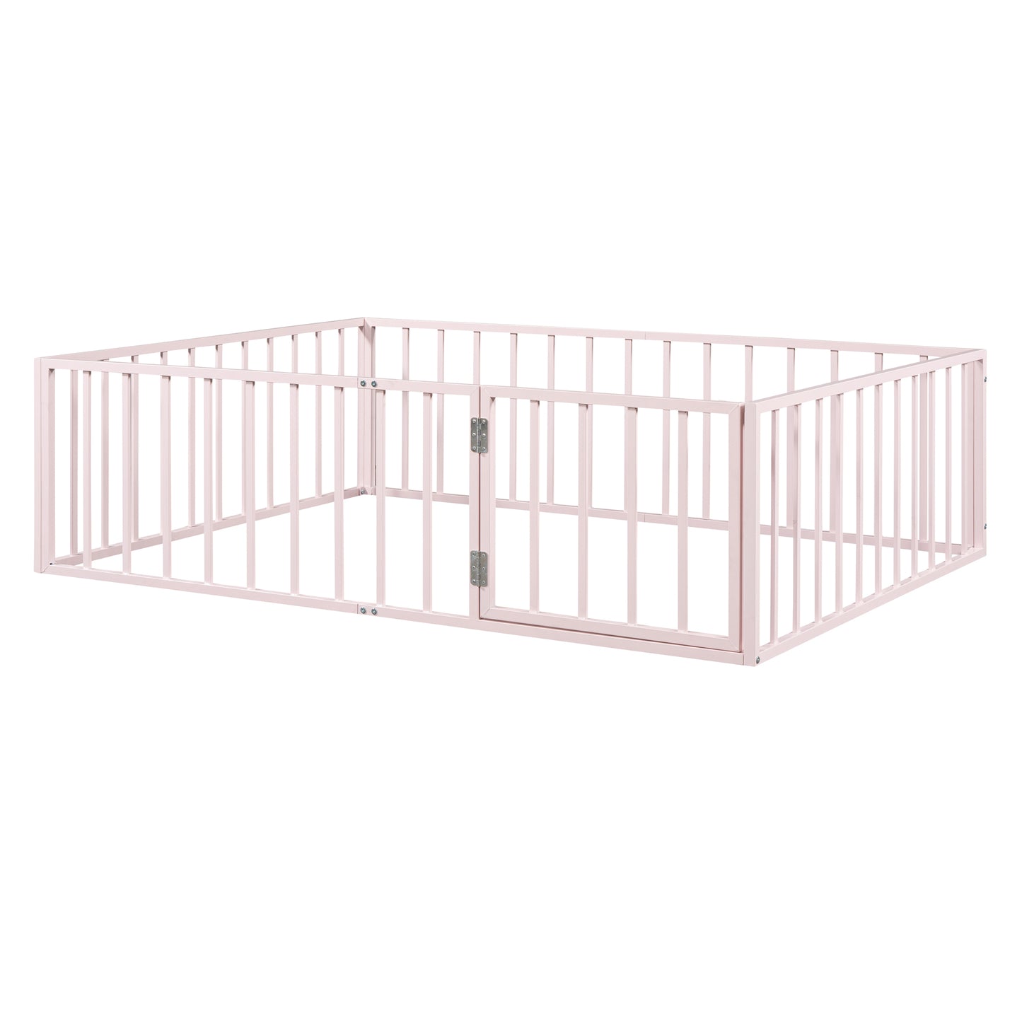 Full Size Metal Floor Bed Frame with Fence and Door, Pink