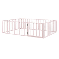 Full Size Metal Floor Bed Frame with Fence and Door, Pink