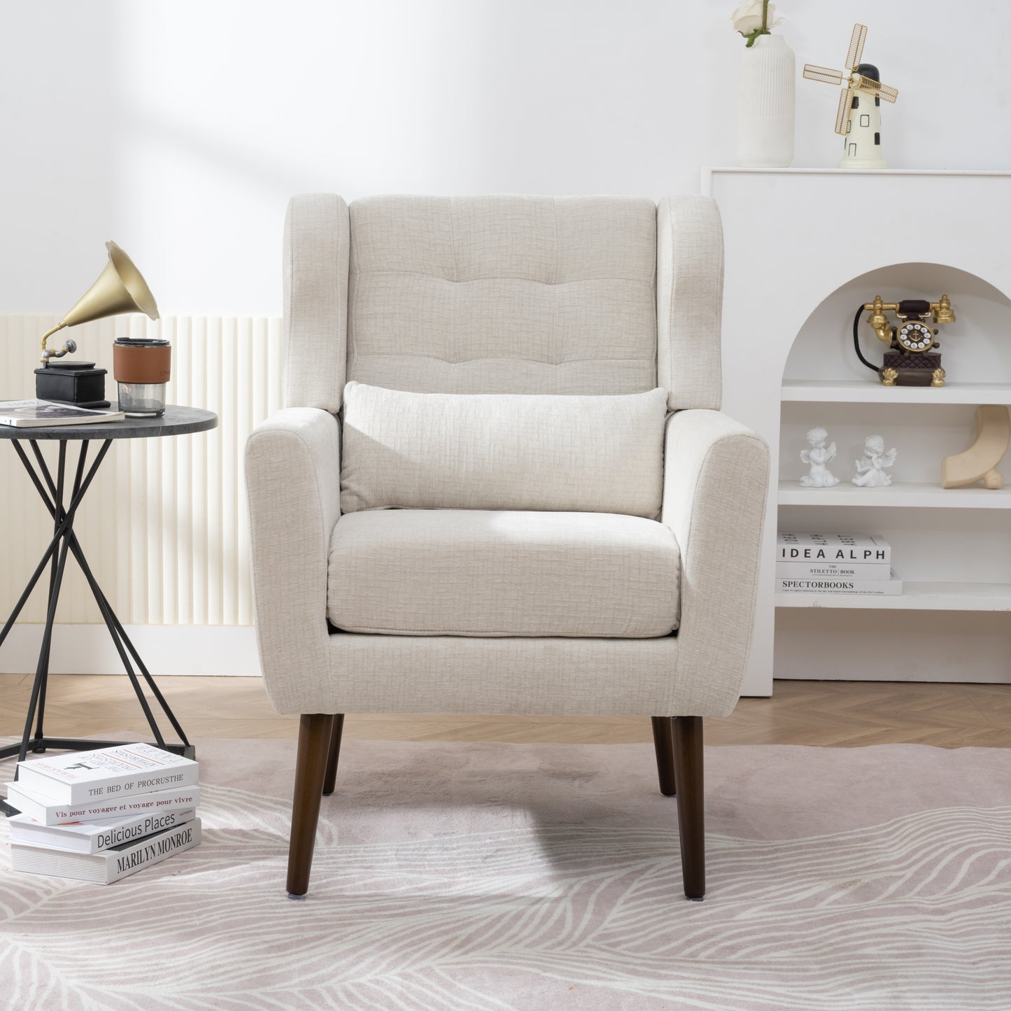 Modern Accent Chair Upholstered Foam Filled Comfy Reading Chair Mid Century Chenille Fabric Lounge Armchair for Living Room Bedroom Beige