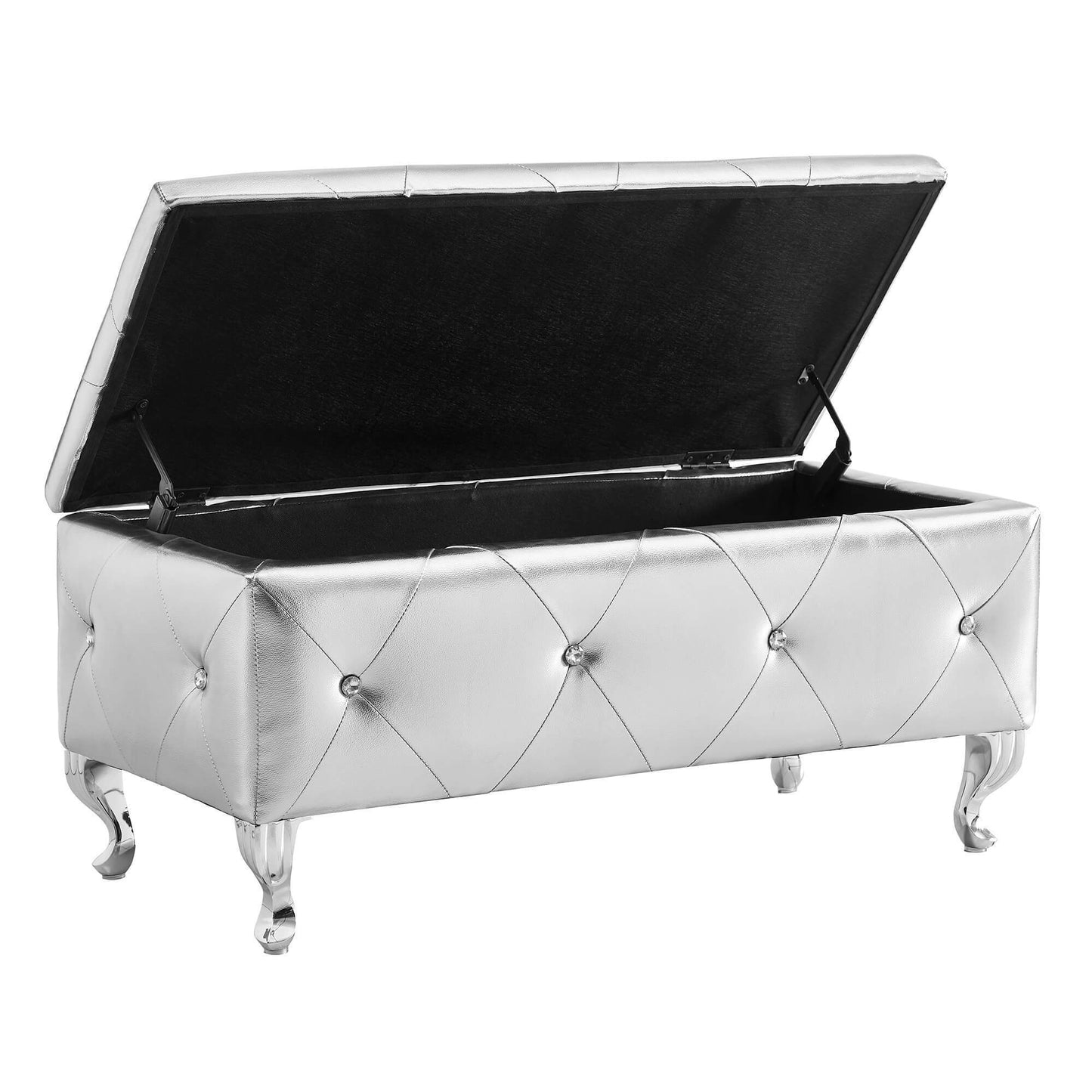 Upholstered Storage Ottoman Bench Faux Leather Rectangular Footrest with Crystal Buttons for Bedroom Living Room Entryway Silver