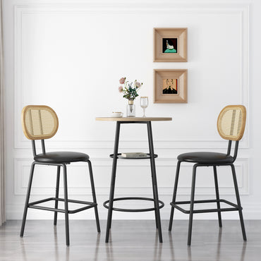 Rattan Bar Stool Set of 2 Indoor Leather Counter Height Chairs with Metal Legs and Rattan Backrest for Kitchen Island Dining