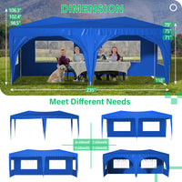 10x20 Blue Pop Up Canopy Tent with 6 Sidewalls Waterproof Commercial Outdoor Shelter Adjustable Height Carry Bag Sand Bags Ropes and Stakes