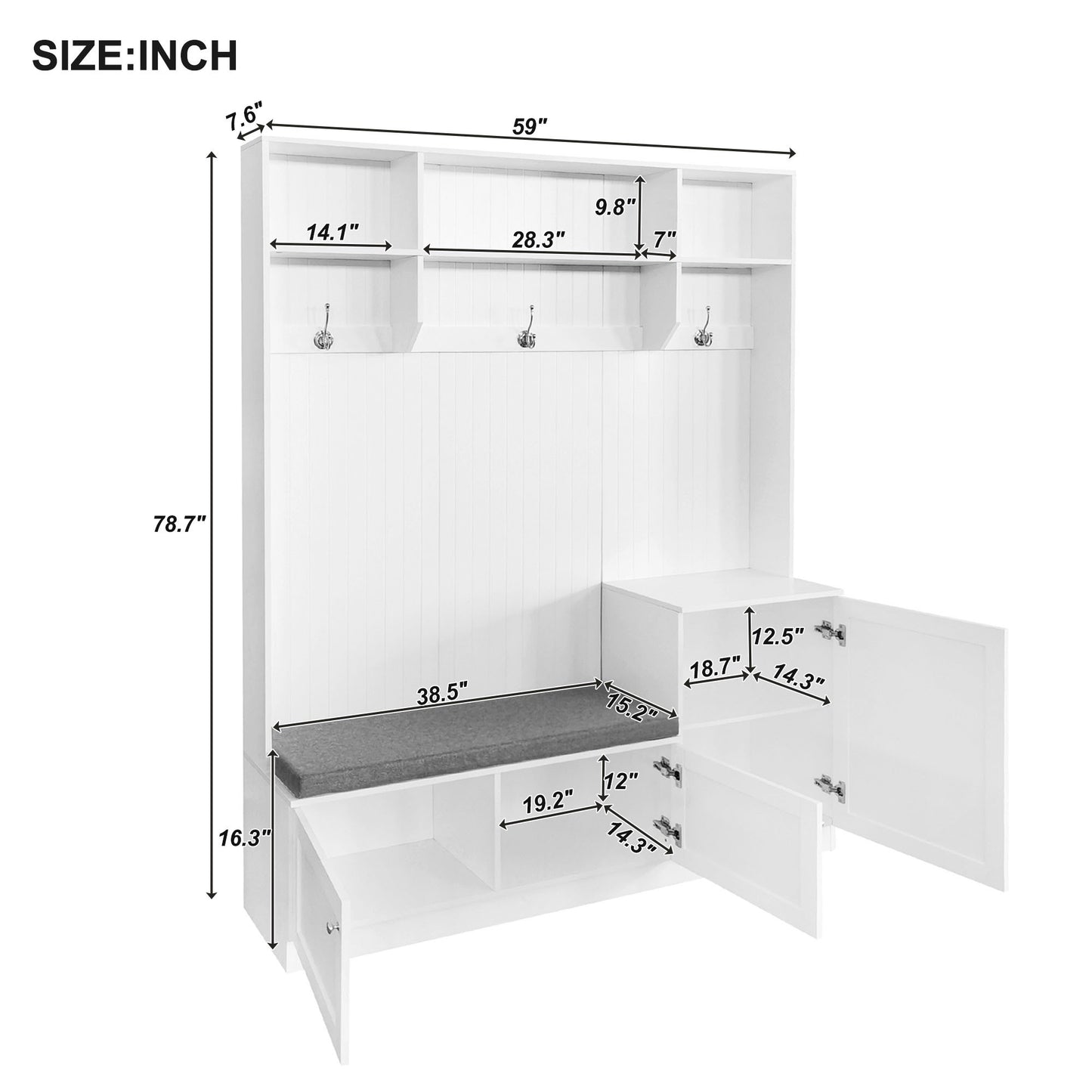 Elegant Hall Tree with Storage Bench and Cushion Modern Coat Rack with Hooks for Entryways White