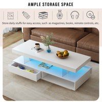 Modern LED Coffee Table with Storage and 2 Drawers, Accent Center Table with Display Shelves for Living Room, White