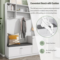 Elegant Hall Tree with Storage Bench and Cushion Modern Coat Rack with Hooks for Entryways White