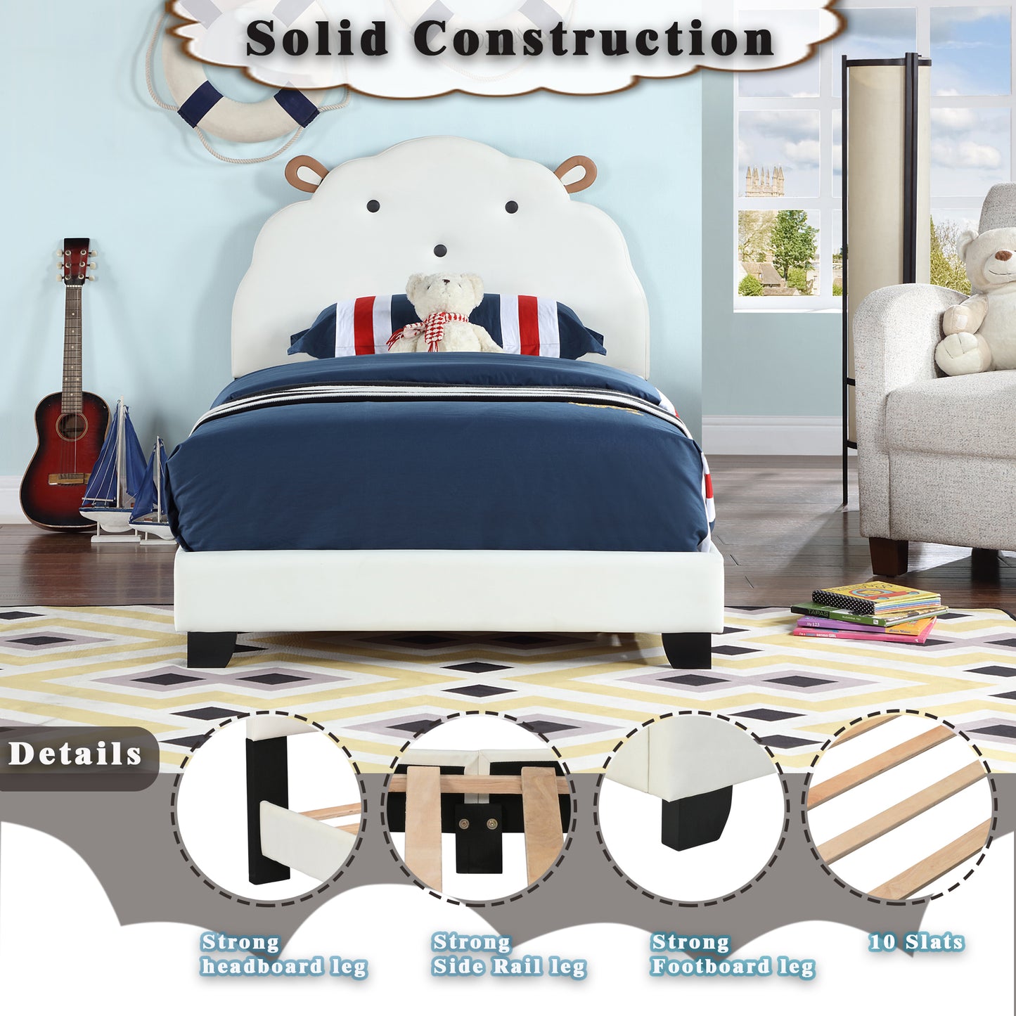 Upholstered Twin Platform Bed for Kids with Sheep Headboard White Wooden Frame No Box Spring Needed