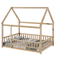 Full Size Floor Wooden Bed with House Roof Frame, Fence Guardrails ,Natural