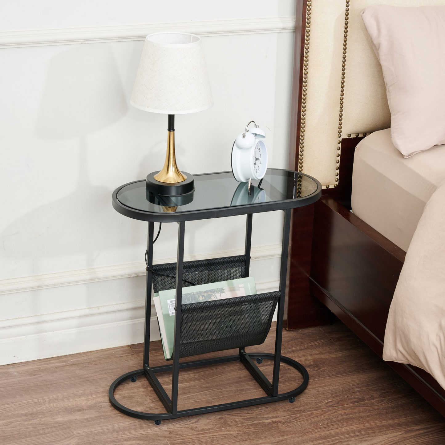 Glass Oval Small Side Tables for Living Room Set of 2 with Magazine Organizer and Storage Space Ideal for Small Spaces