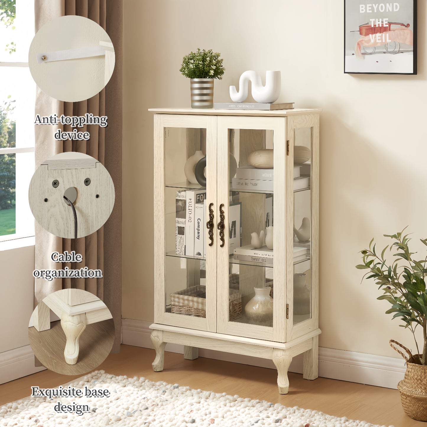 Elegant 2 Door Curio Cabinet with Glass Doors Adjustable Shelves Mirrored Back Lighted Display for Home Office