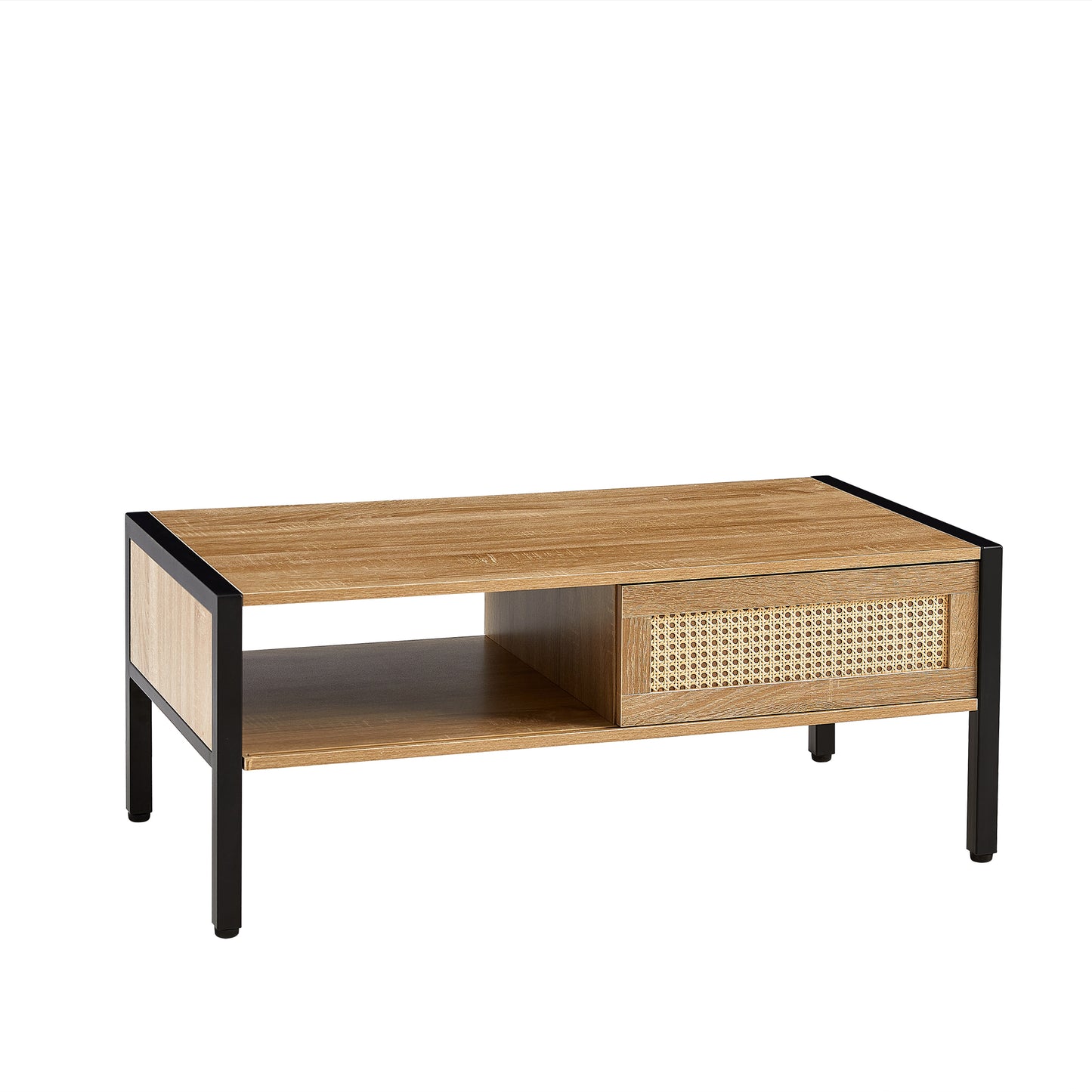 40.16 Inch Rattan Coffee Table with Sliding Door Storage and Metal Legs Modern Living Room Furniture Natural Design