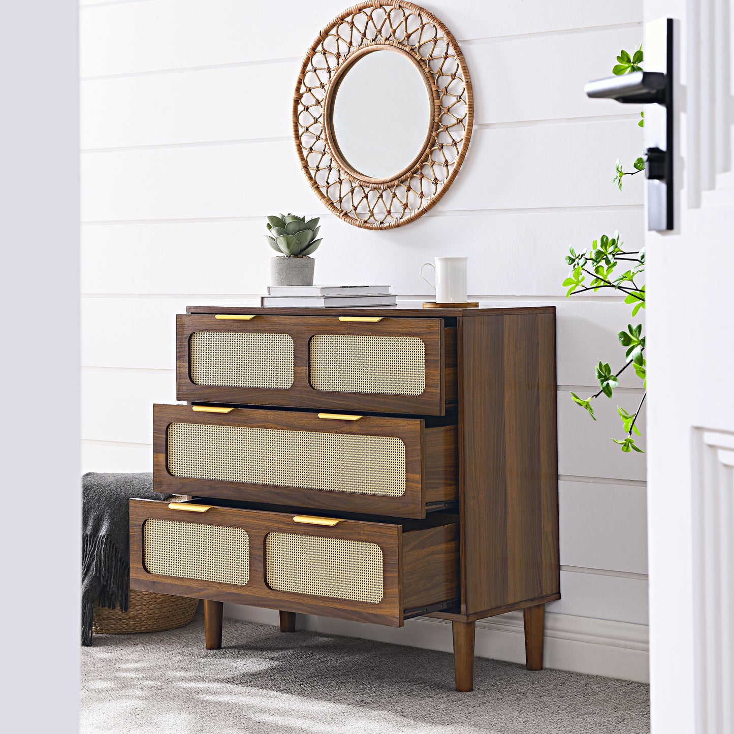 Modern Rattan Dresser Cabinet with Wide Drawers and Metal Handles for Farmhouse Style Storage in Bedroom Living Room Hallway