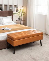 Brown Leather Storage Bench for Bedroom Entryway 43.3" Stylish Ottoman at Foot of Bed