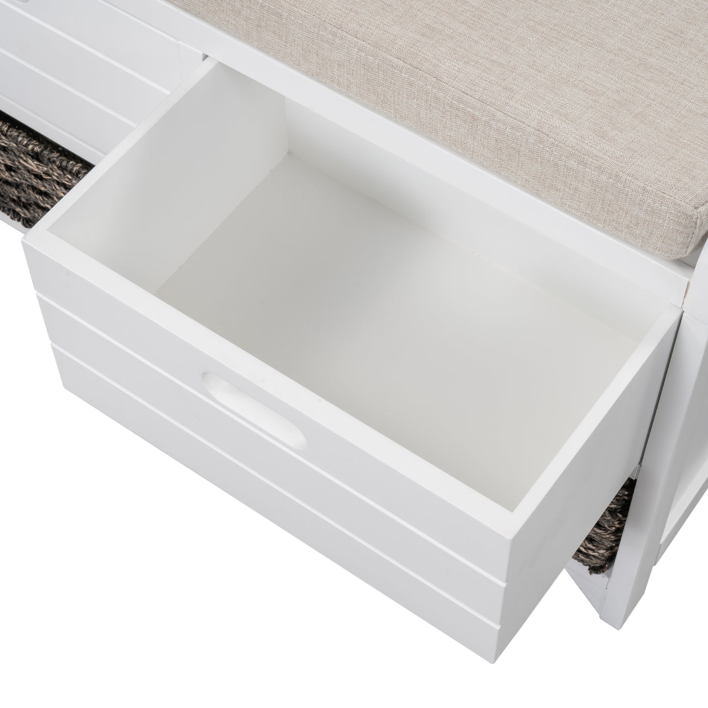 Storage Bench with Removable Cushion and 2 Drawers, Fully Assembled Shoe Organizer with Removable Basket, White