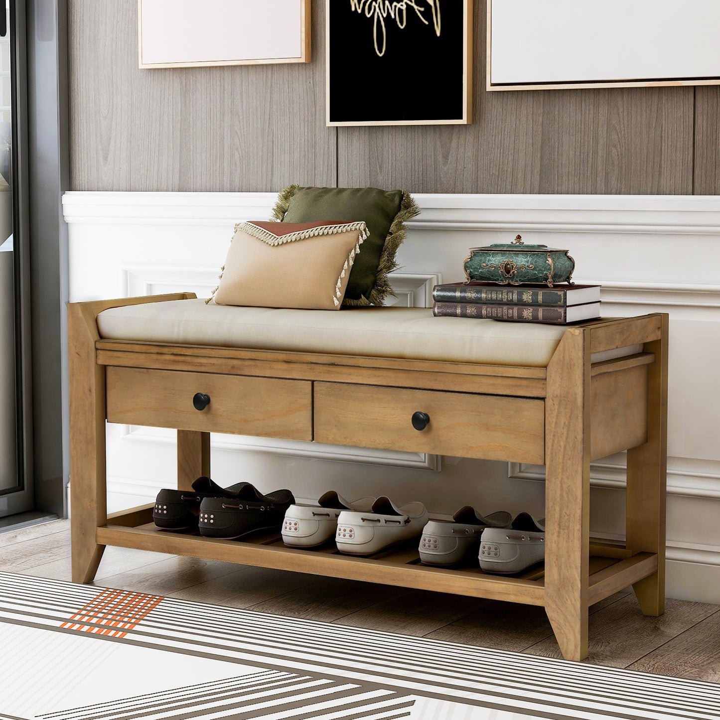 Multipurpose Entryway Storage Bench with Cushioned Seat and Drawers Old Pine Shoe Rack