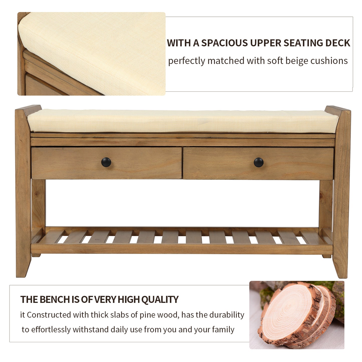 Multipurpose Entryway Storage Bench with Cushioned Seat and Drawers Old Pine Shoe Rack