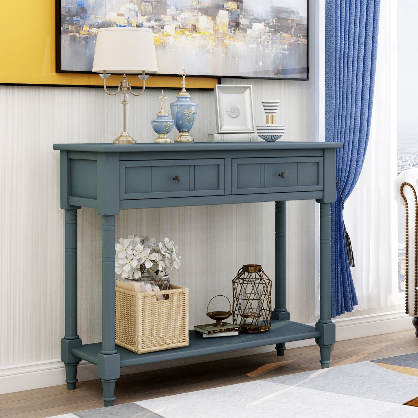 Traditional Console Table with Two Drawers and Bottom Shelf in Navy Finish