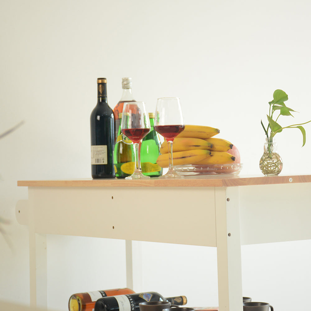 Mobile Kitchen Island with Rubber Wood Top, Lockable Wheels, Simple Design, Two Drawers for Utensil Storage, Easy to Move and Store