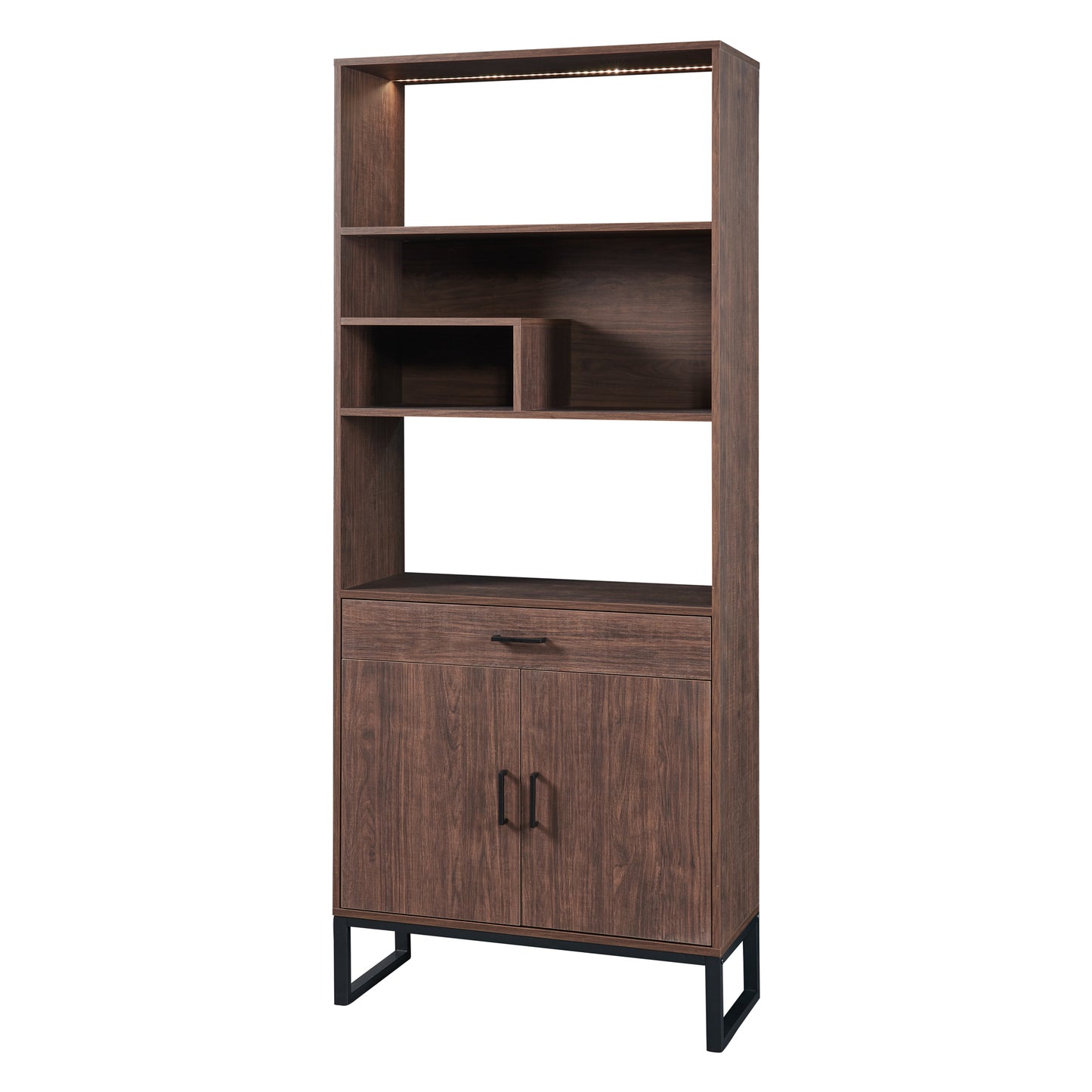 Tall Walnut Finish Open Bookshelf with LED Lights and Storage Drawer for Living Room and Office