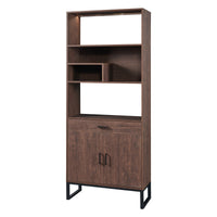 Tall Walnut Finish Open Bookshelf with LED Lights and Storage Drawer for Living Room and Office