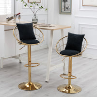 Black Velvet Bar Chair Set of 2 Gold Plated Unique Design 360 Degree Rotation Adjustable Height Ideal for Dining Room and Bar